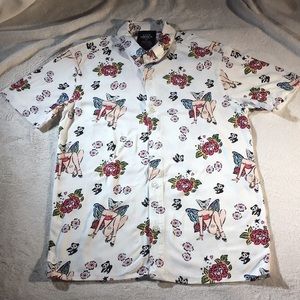Very Unique Mens Forever 21 Winged Pixie Printed Button Down Short Sleeved Shirt